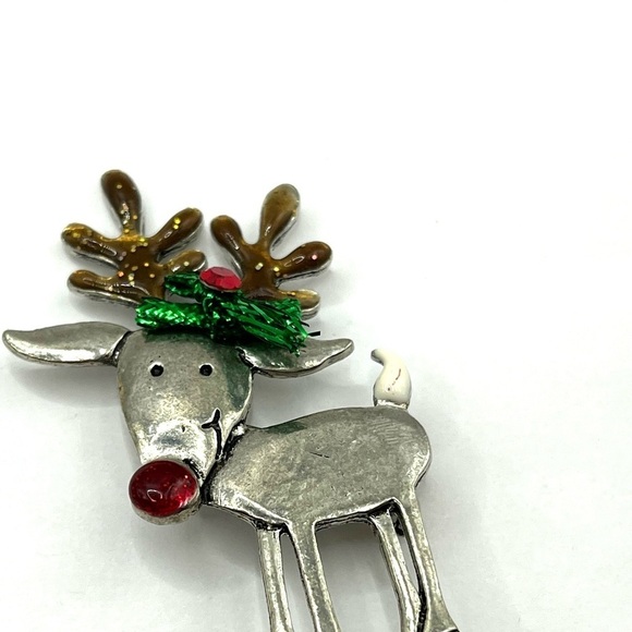 Vintage Christmas Brooch 5 Holly & Jingle Bells Santa Reindeer Tree Pin Lot - Picture 4 of 14
